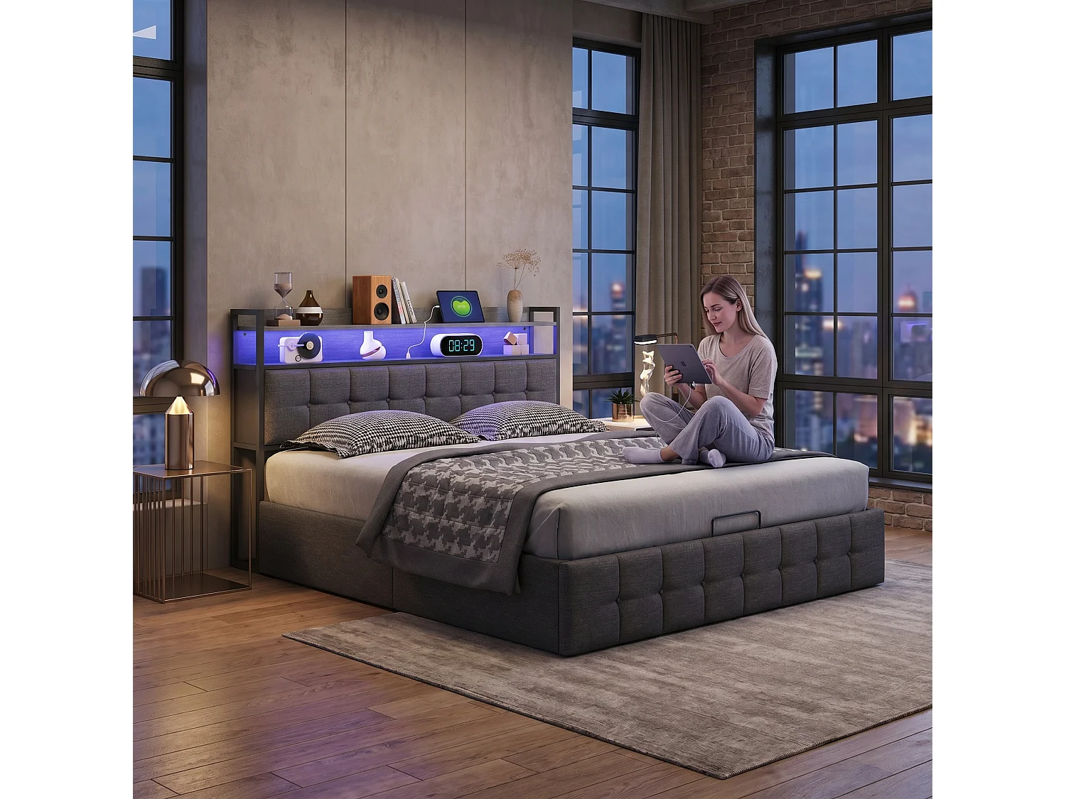Lit double 140x200 cm - Lit Coffre 140x200 avec sommier LED et USB - Lit Double rembourré avec Rangement hydraulique - Cadre de lit - lit 2 Personnes - Lin gris