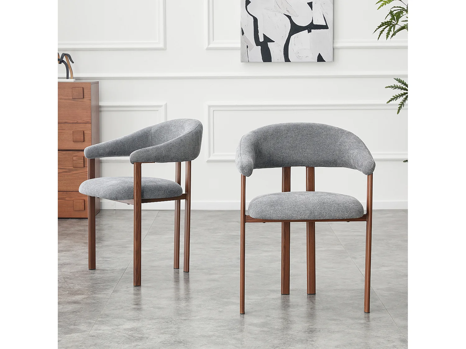 Set van 2 eetkamerstoelen in grijs linnen met metalen poten