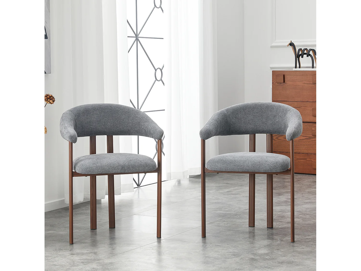 Set van 2 eetkamerstoelen in grijs linnen met metalen poten