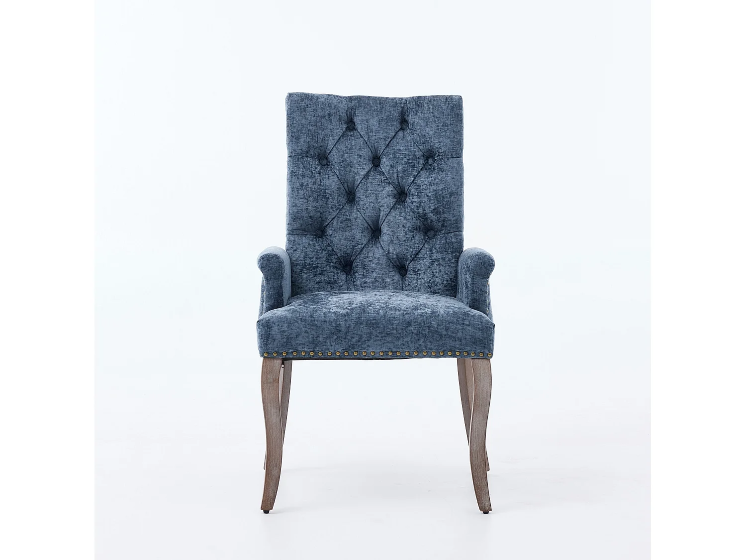 Eetkamerstoel van chenille met armleuningen en houten poten - Blauw