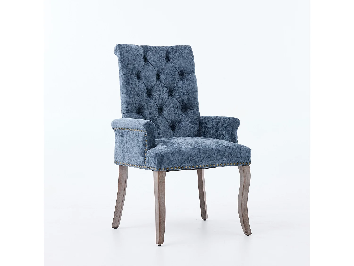 Eetkamerstoel van chenille met armleuningen en houten poten - Blauw