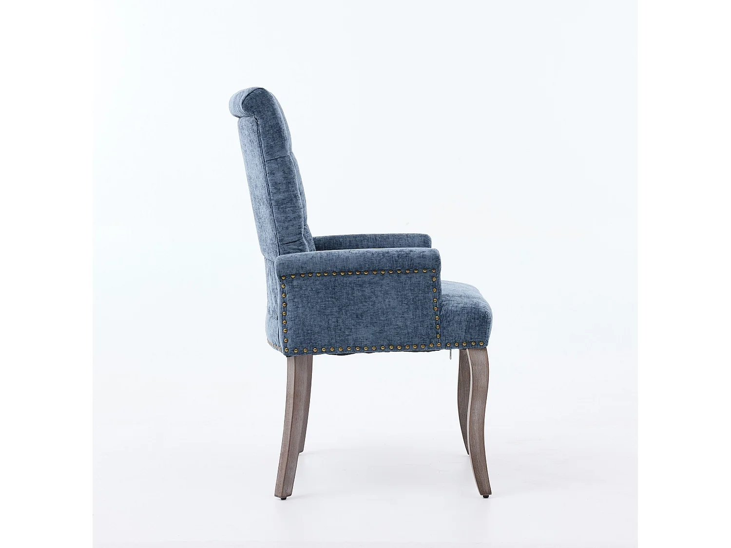 Eetkamerstoel van chenille met armleuningen en houten poten - Blauw