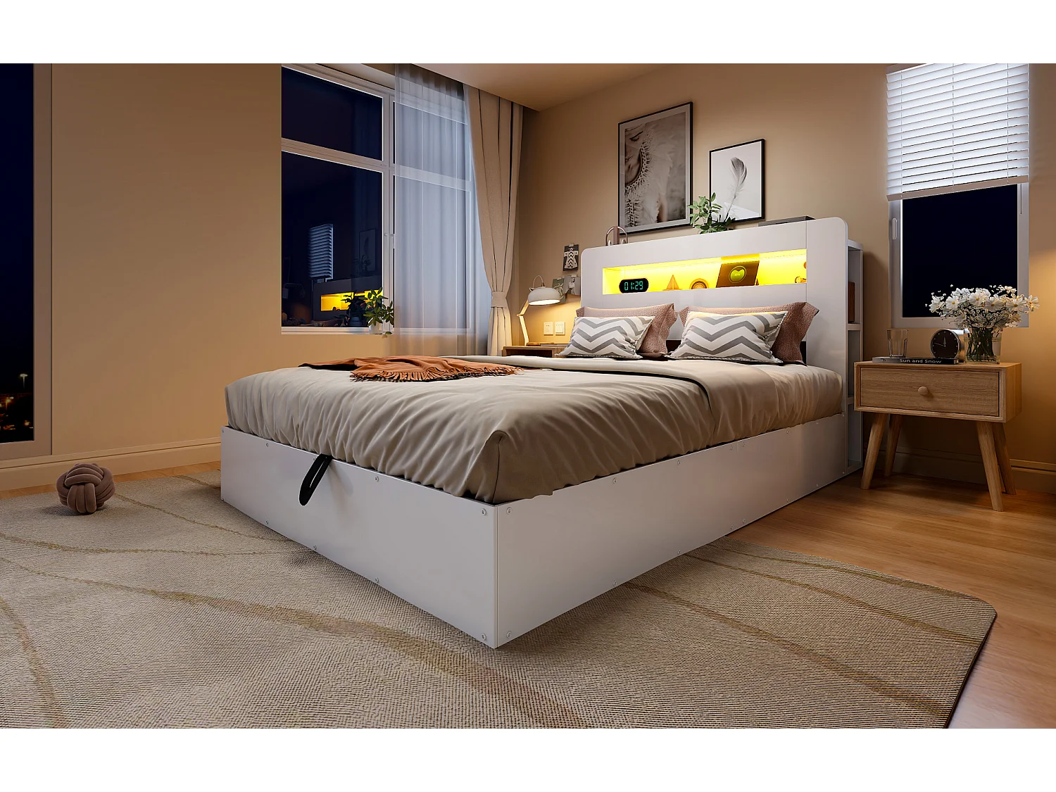 Lit coffre adulte 140x200 cm avec LED et prises - Bois blanc