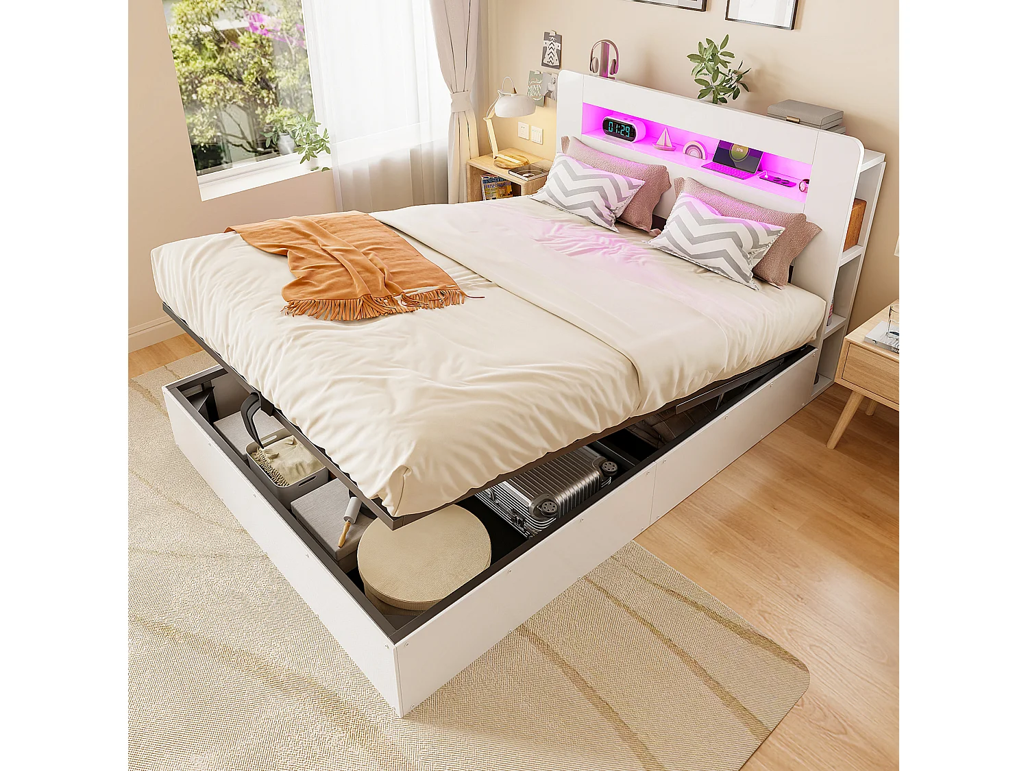 Lit coffre adulte 140x200 cm avec LED et prises - Bois blanc
