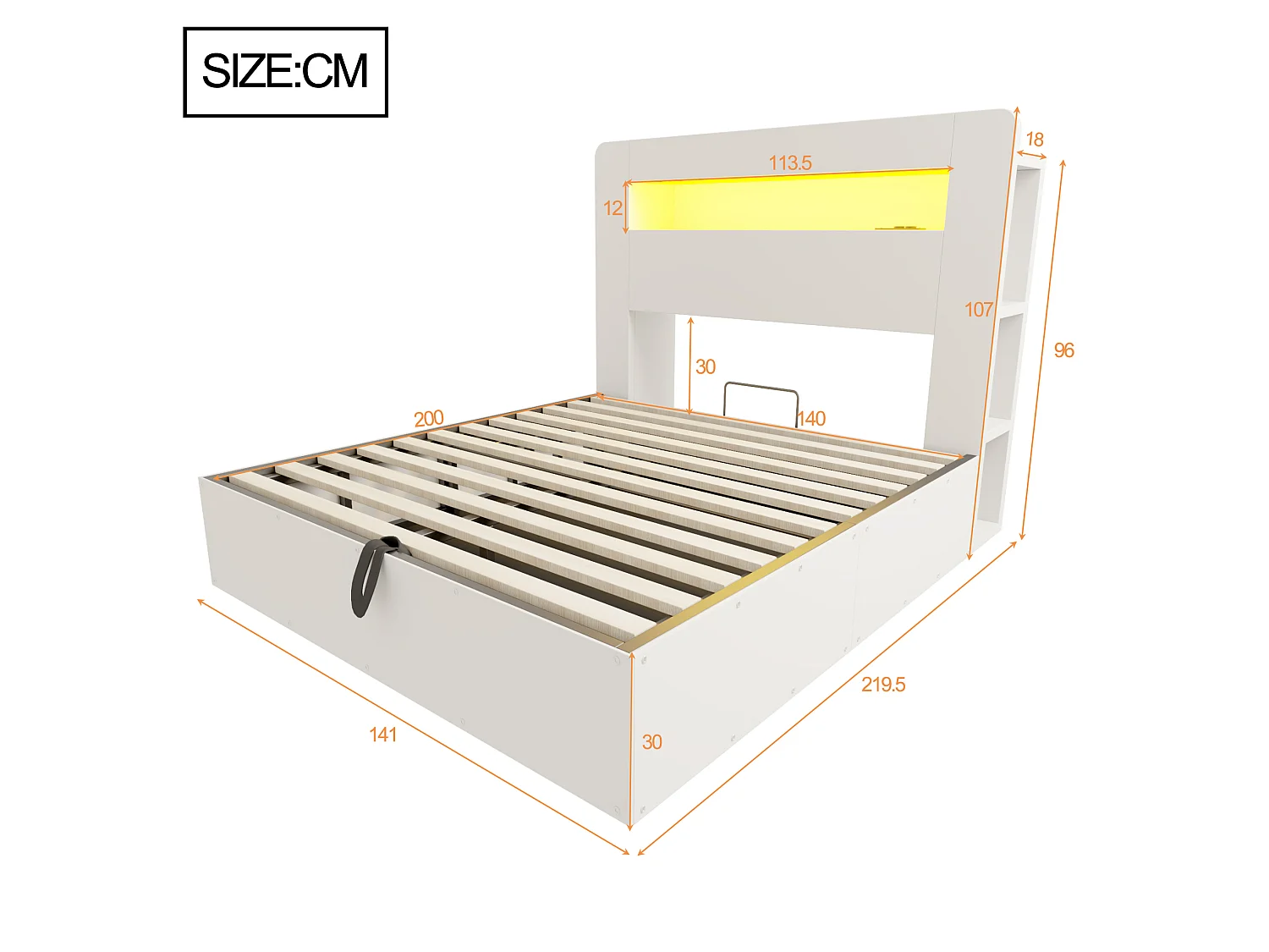 Lit coffre adulte 140x200 cm avec LED et prises - Bois blanc