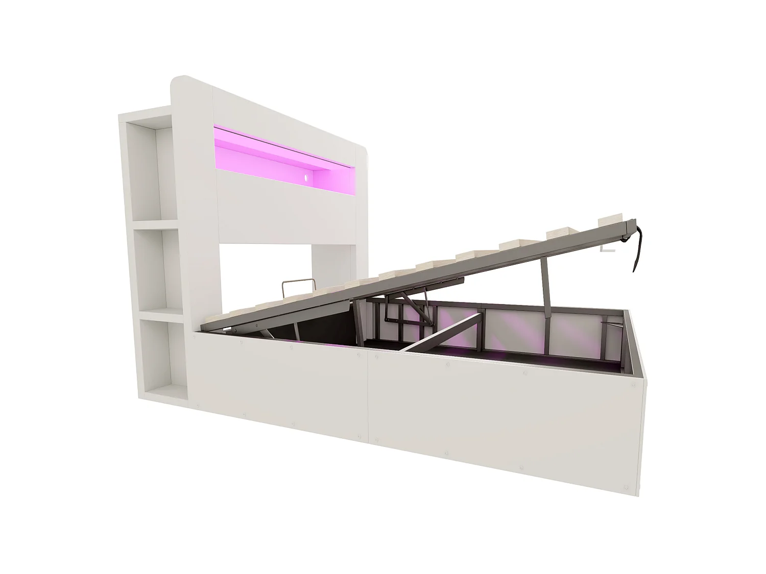 Lit coffre adulte 140x200 cm avec LED et prises - Bois blanc