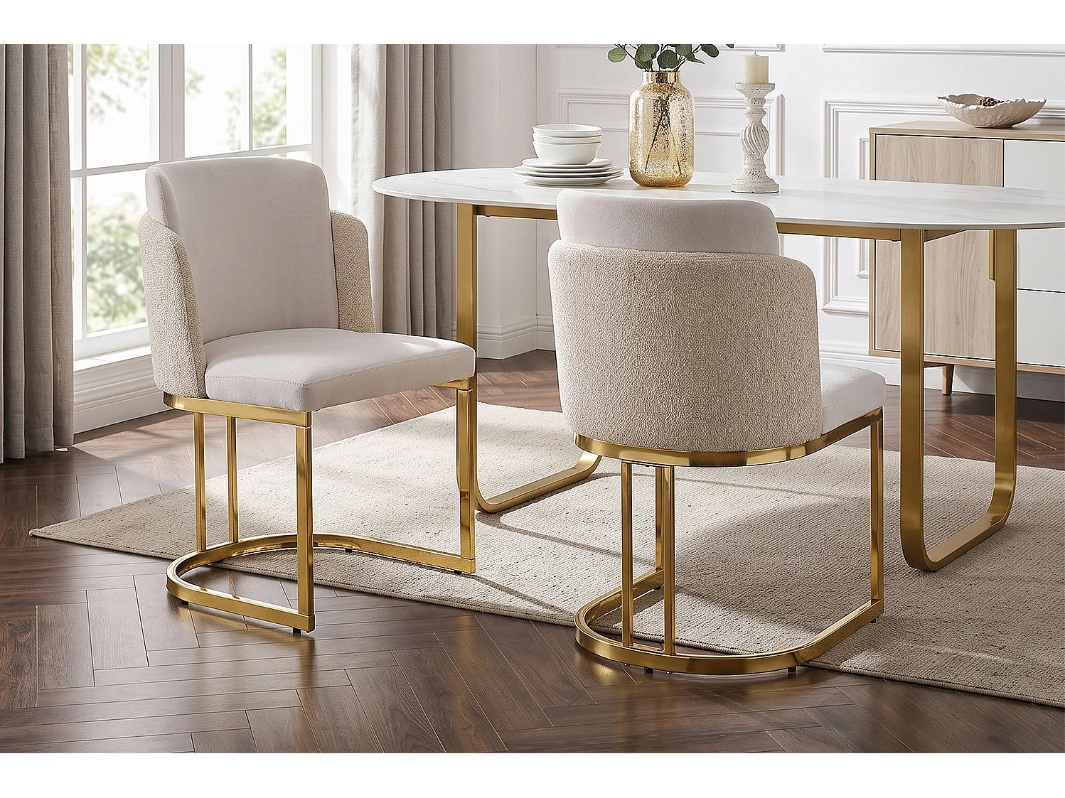 Set van 2 chenille eetkamerstoelen met stalen poten - Beige en goud