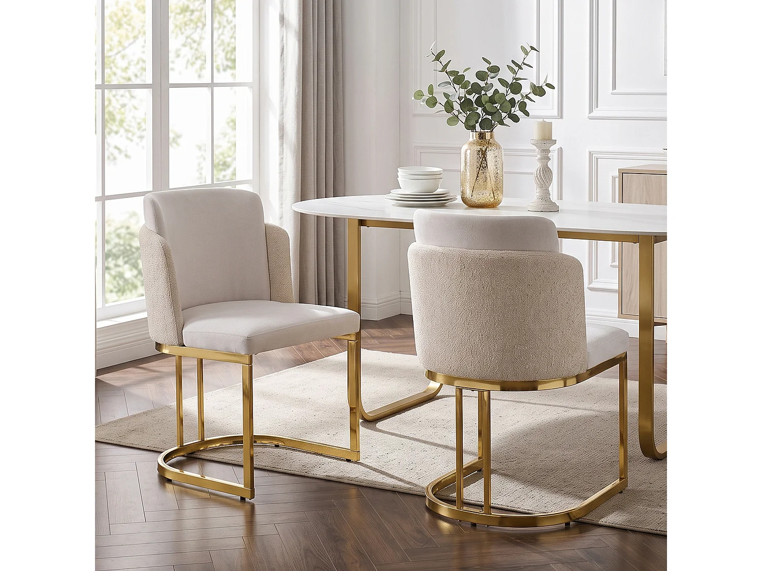 Set van 2 chenille eetkamerstoelen met stalen poten - Beige en goud