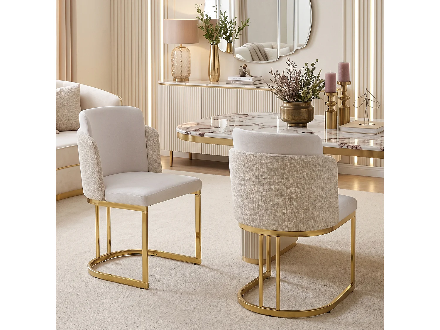 Set van 2 chenille eetkamerstoelen met stalen poten - Beige en goud