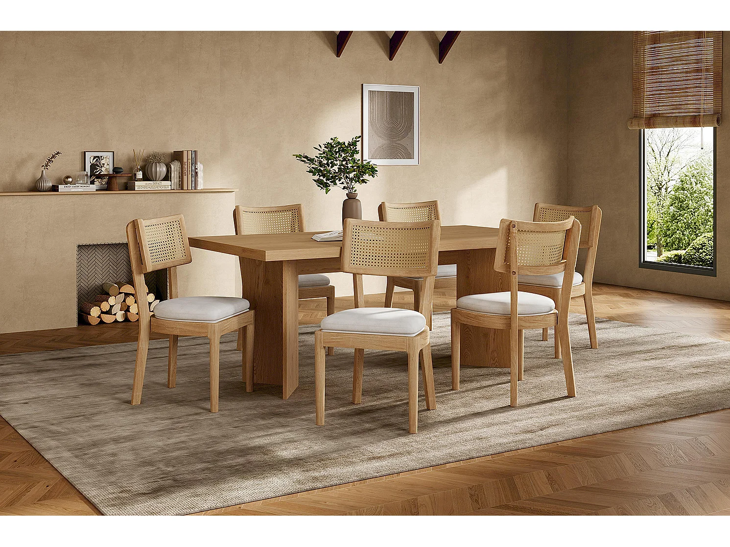 Lot de 6 chaises en bois et lin avec dossier en rotin - Naturel clair