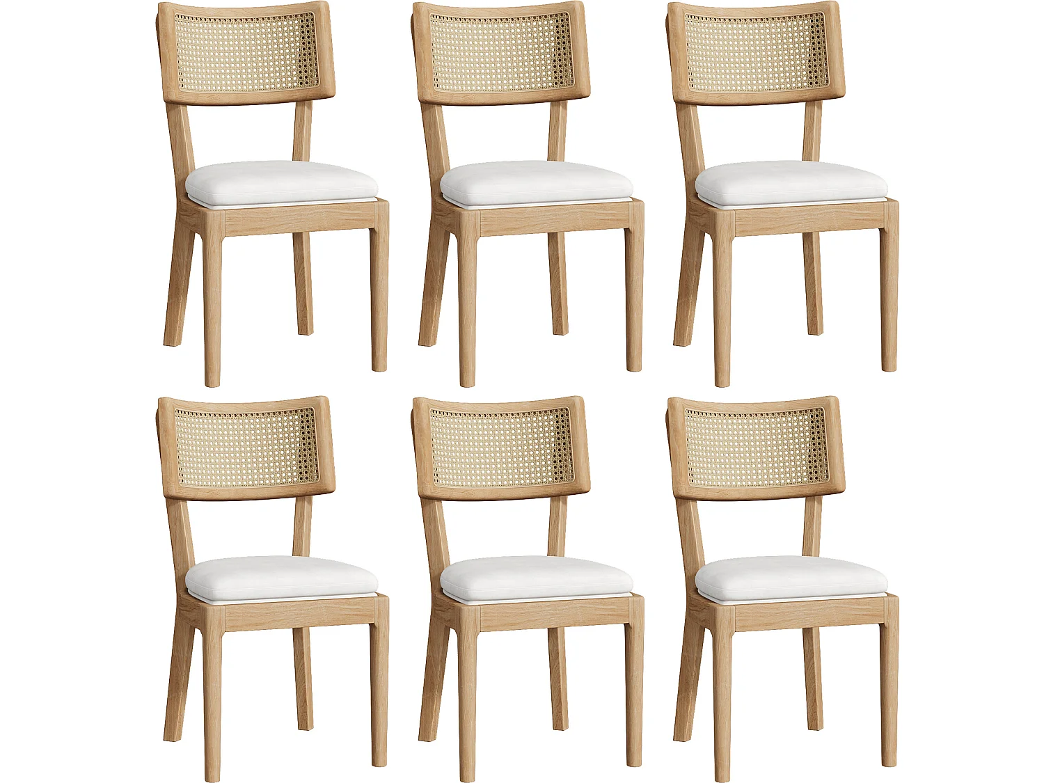 Lot de 6 chaises en bois et lin avec dossier en rotin - Naturel clair