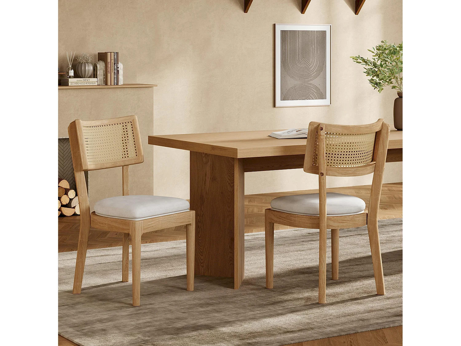 Lot de 6 chaises en bois et lin avec dossier en rotin - Naturel clair