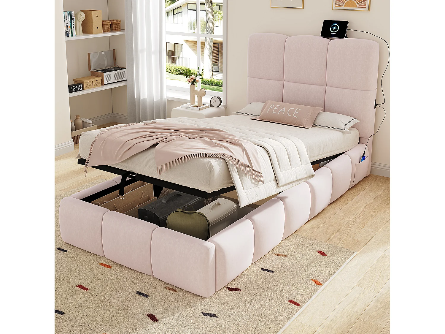 Lit coffre enfant 90x200 cm en velours avec ports USB et Type-C - Rose
