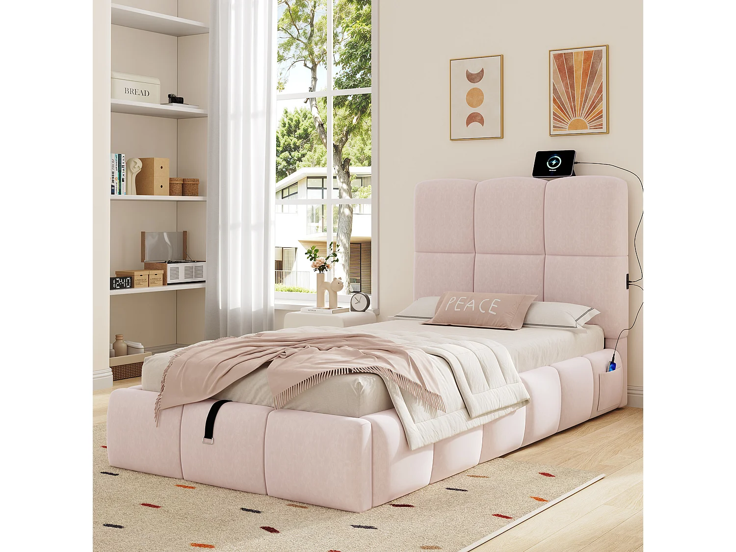 Lit coffre enfant 90x200 cm en velours avec ports USB et Type-C - Rose