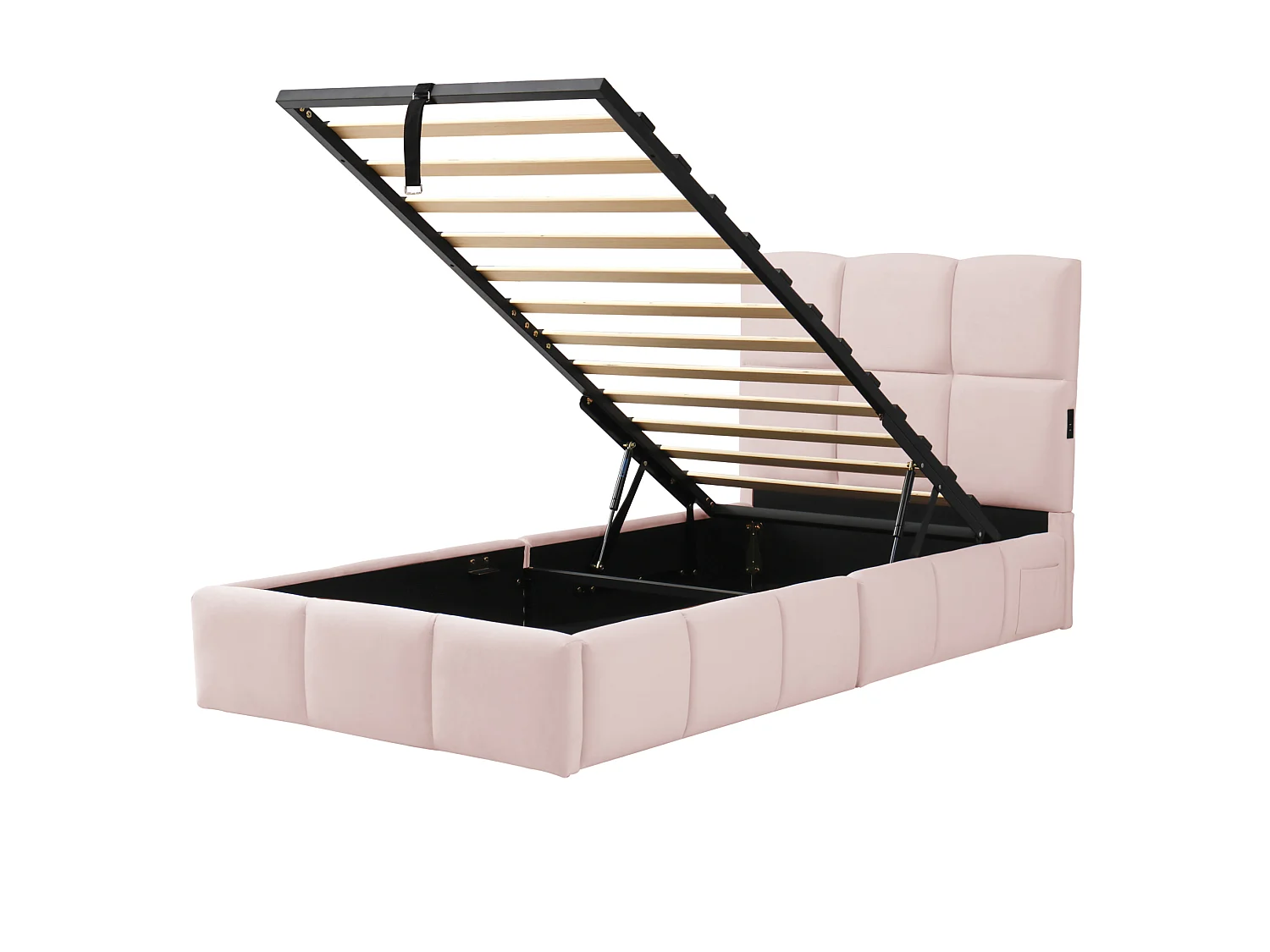 Lit coffre enfant 90x200 cm en velours avec ports USB et Type-C - Rose