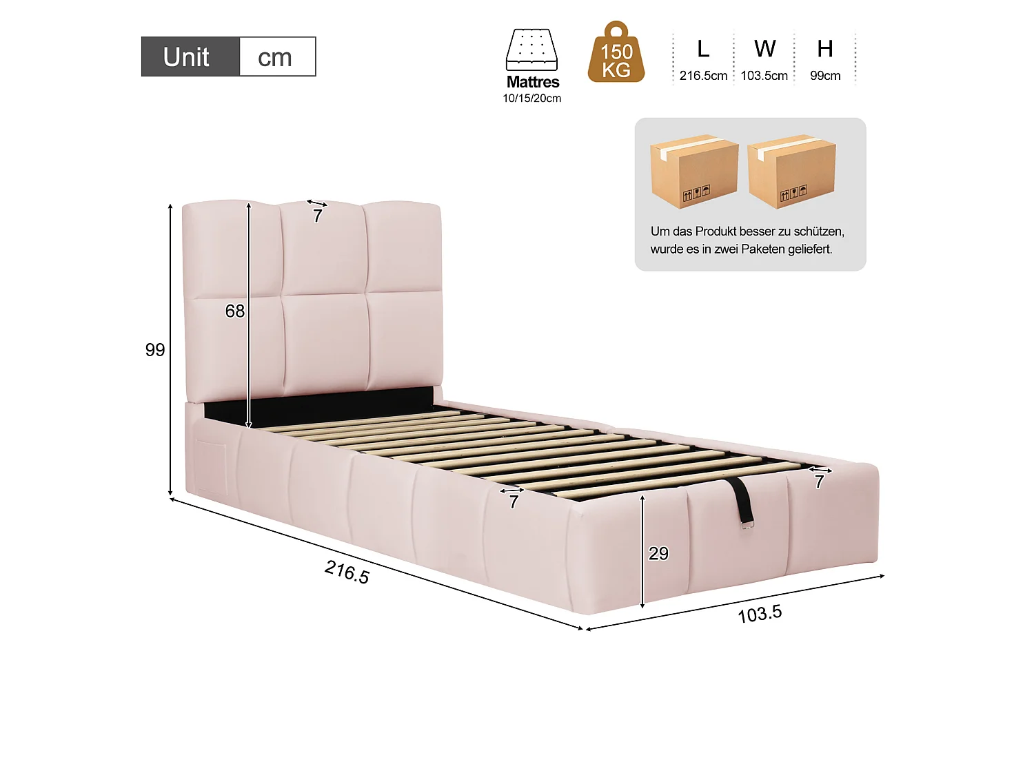 Lit coffre enfant 90x200 cm en velours avec ports USB et Type-C - Rose