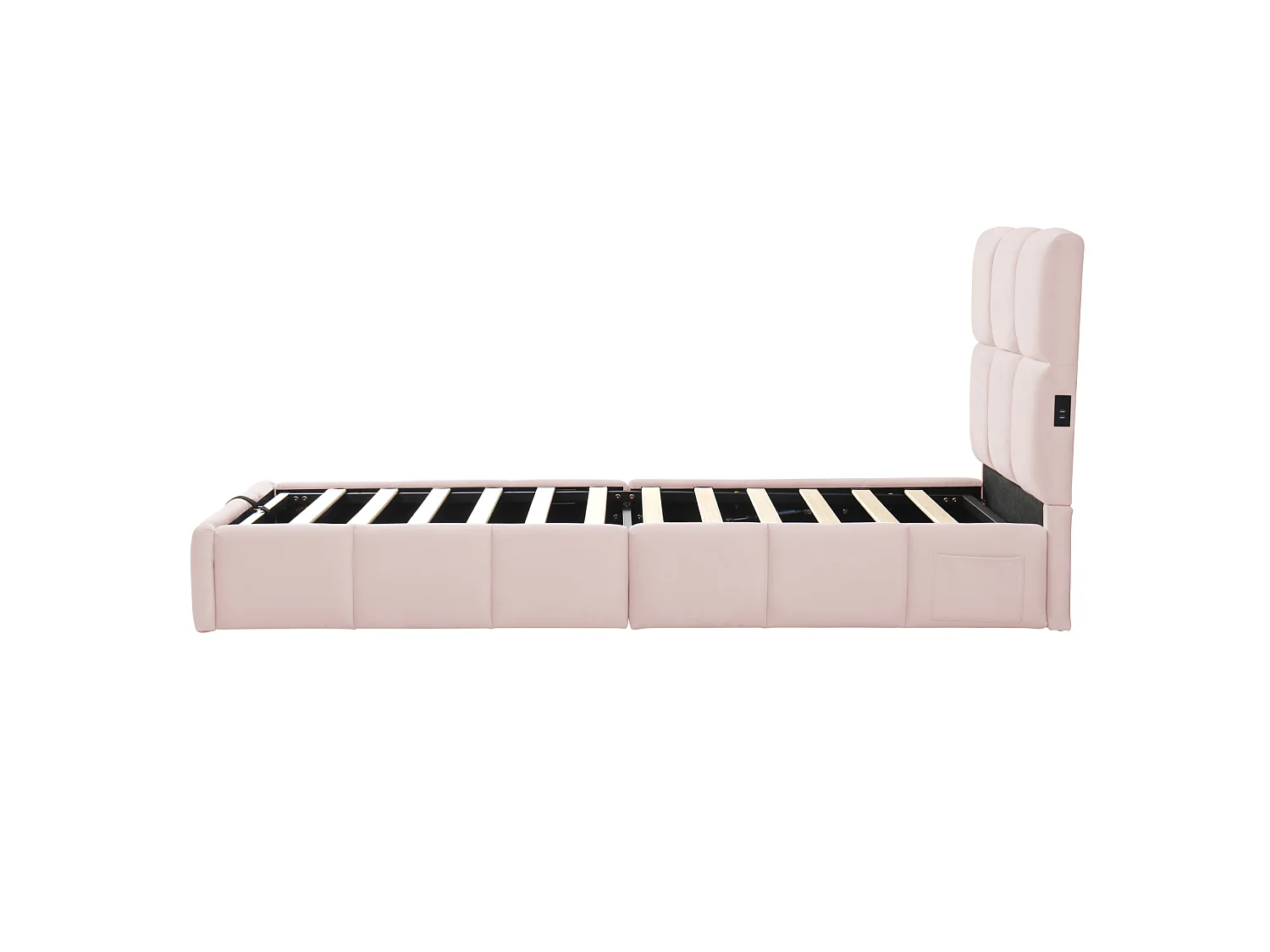 Lit coffre enfant 90x200 cm en velours avec ports USB et Type-C - Rose