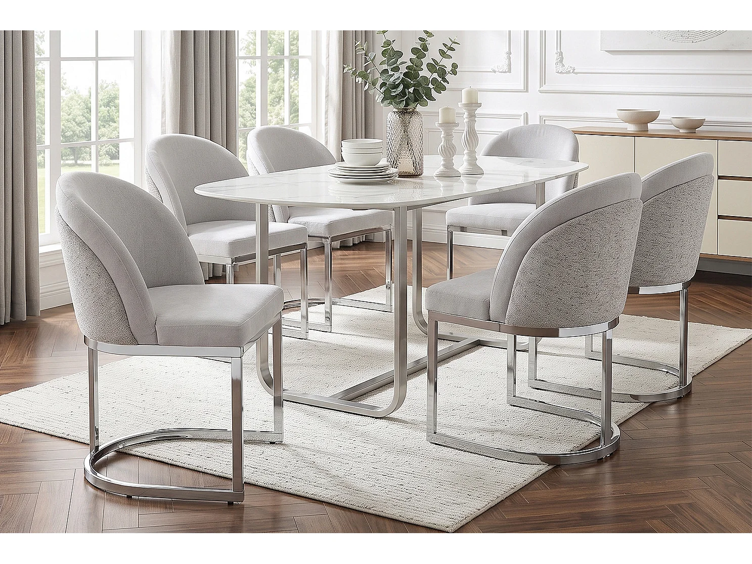 Set van 6 stoelen met zilverkleurige metalen poten - Grijze chenille stof