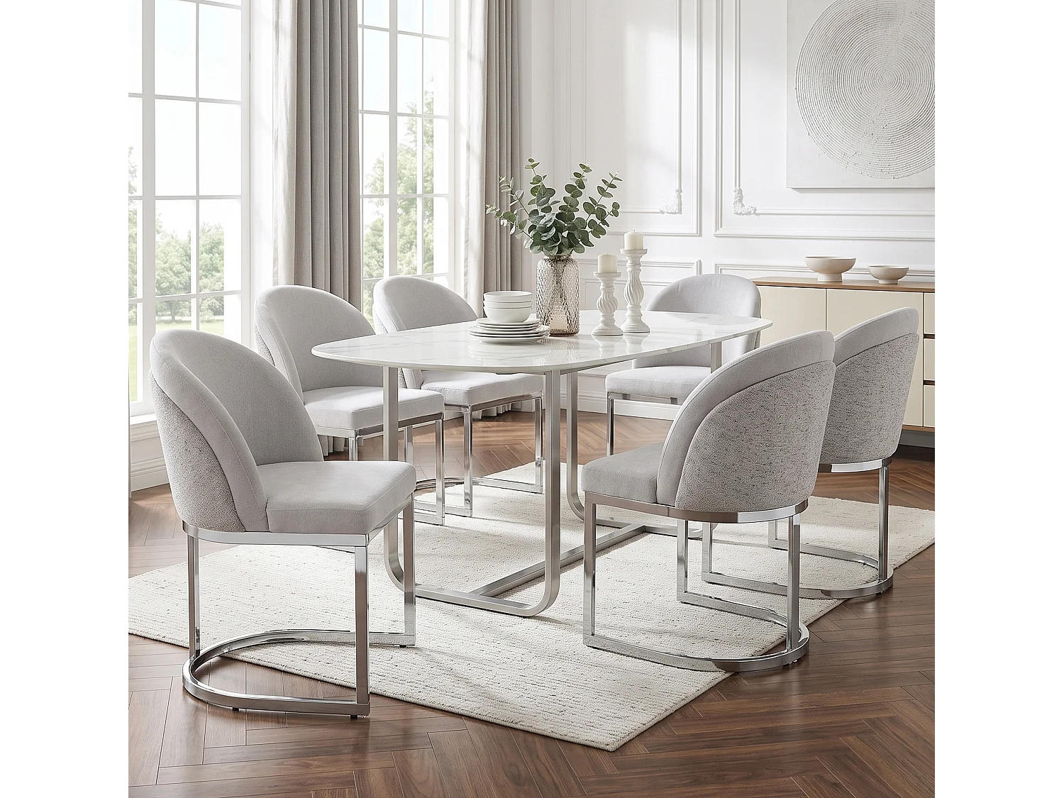 Set van 6 stoelen met zilverkleurige metalen poten - Grijze chenille stof