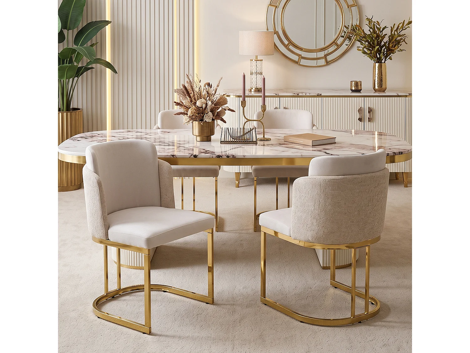 Lot de 4 chaises à manger en chenille avec pieds en acier - Beige et doré