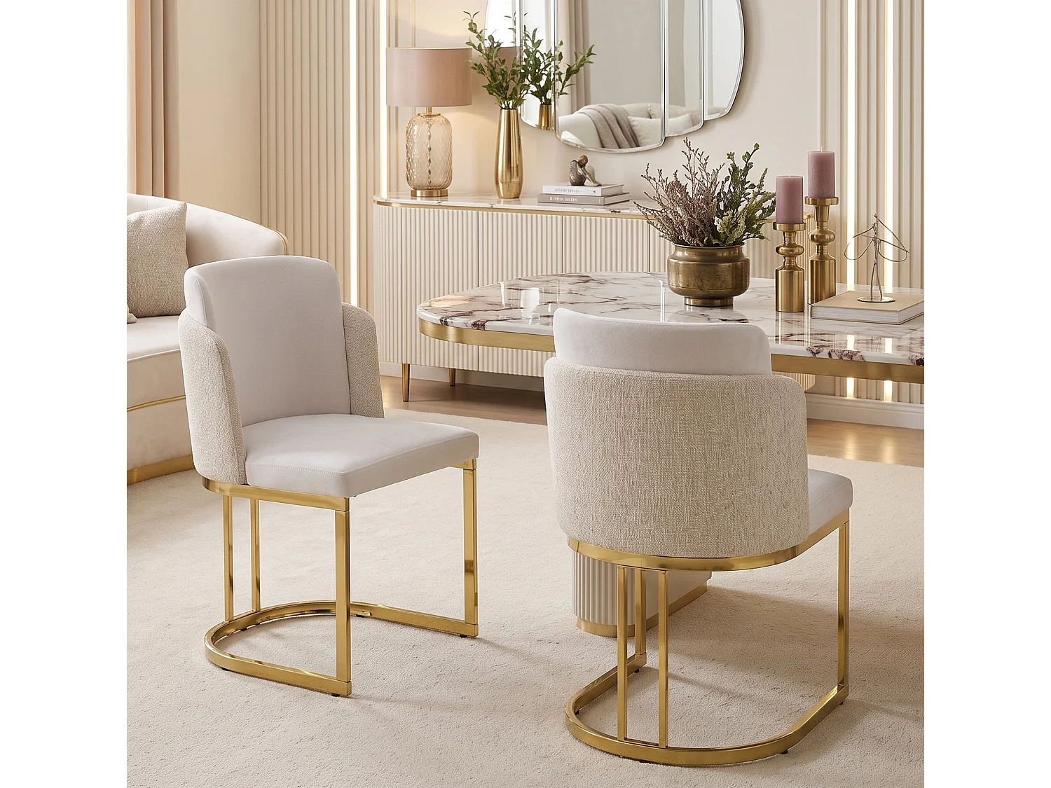 Lot de 4 chaises à manger en chenille avec pieds en acier - Beige et doré