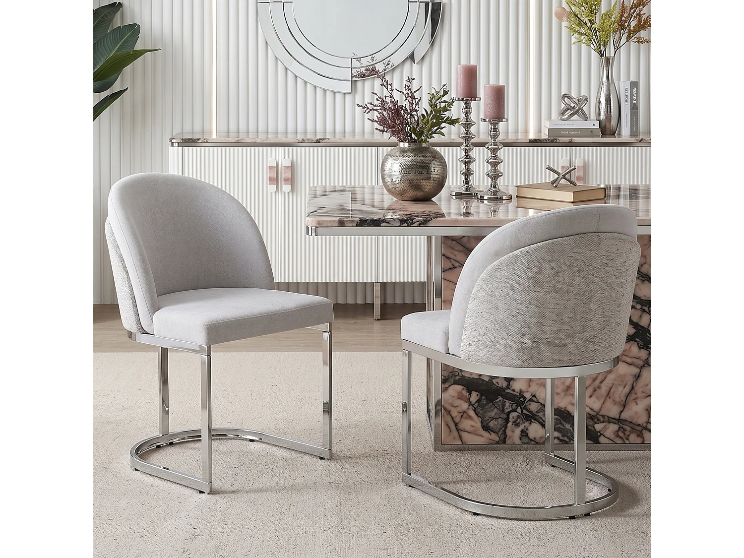 Set van 2 stoelen met zilverkleurige metalen poten - Grijze chenille stof