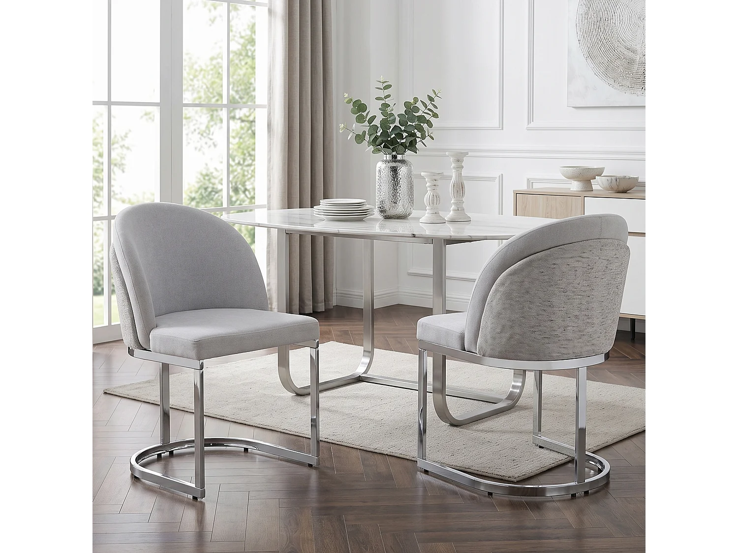 Set van 2 stoelen met zilverkleurige metalen poten - Grijze chenille stof