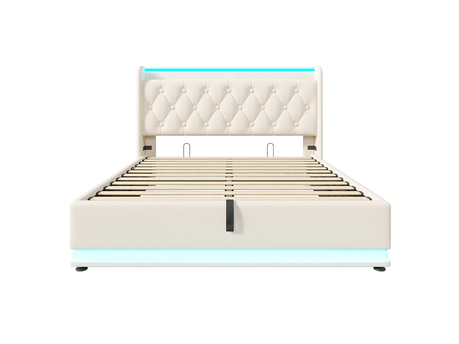 Cama de casal com arrumação, 140x190 cm, com iluminação LED 360°, espaço de arrumação, portas USB e Tipo-C - PU branco