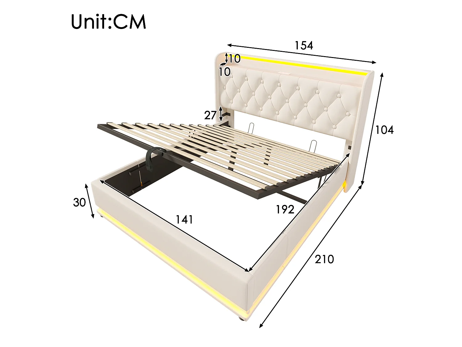 Cama de casal com arrumação, 140x190 cm, com iluminação LED 360°, espaço de arrumação, portas USB e Tipo-C - PU branco