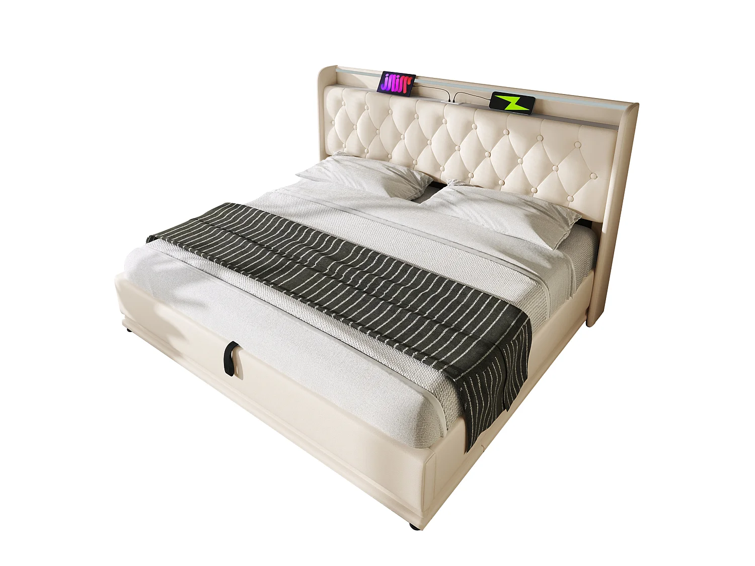 Cama de casal com arrumação, 140x190 cm, com iluminação LED 360°, espaço de arrumação, portas USB e Tipo-C - PU branco
