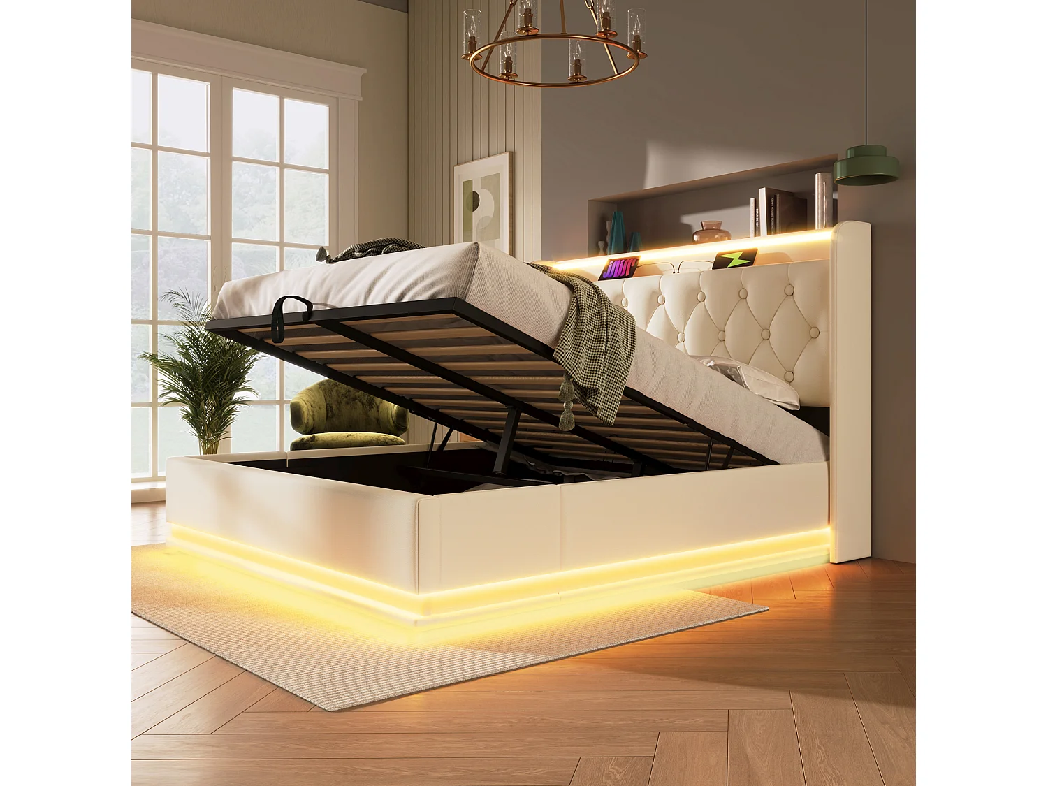 Cama de casal com arrumação, 140x190 cm, com iluminação LED 360°, espaço de arrumação, portas USB e Tipo-C - PU branco