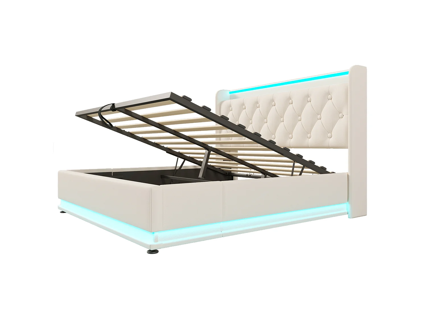 Cama de casal com arrumação, 140x190 cm, com iluminação LED 360°, espaço de arrumação, portas USB e Tipo-C - PU branco