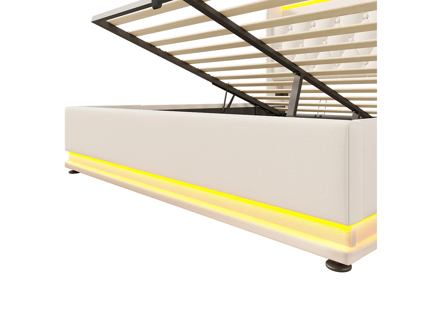 Cama de casal com arrumação, 140x190 cm, com iluminação LED 360°, espaço de arrumação, portas USB e Tipo-C - PU branco