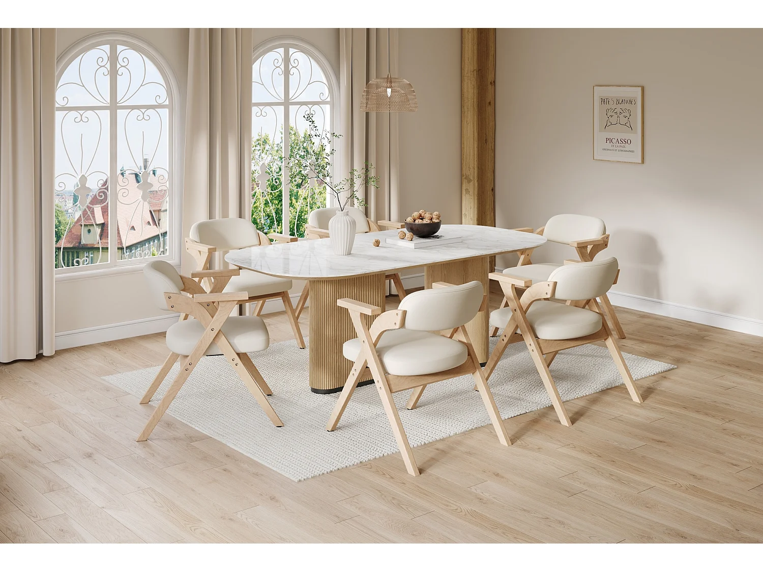 Lot de 6 chaises pliantes en lin beige avec accoudoirs - Naturel clair