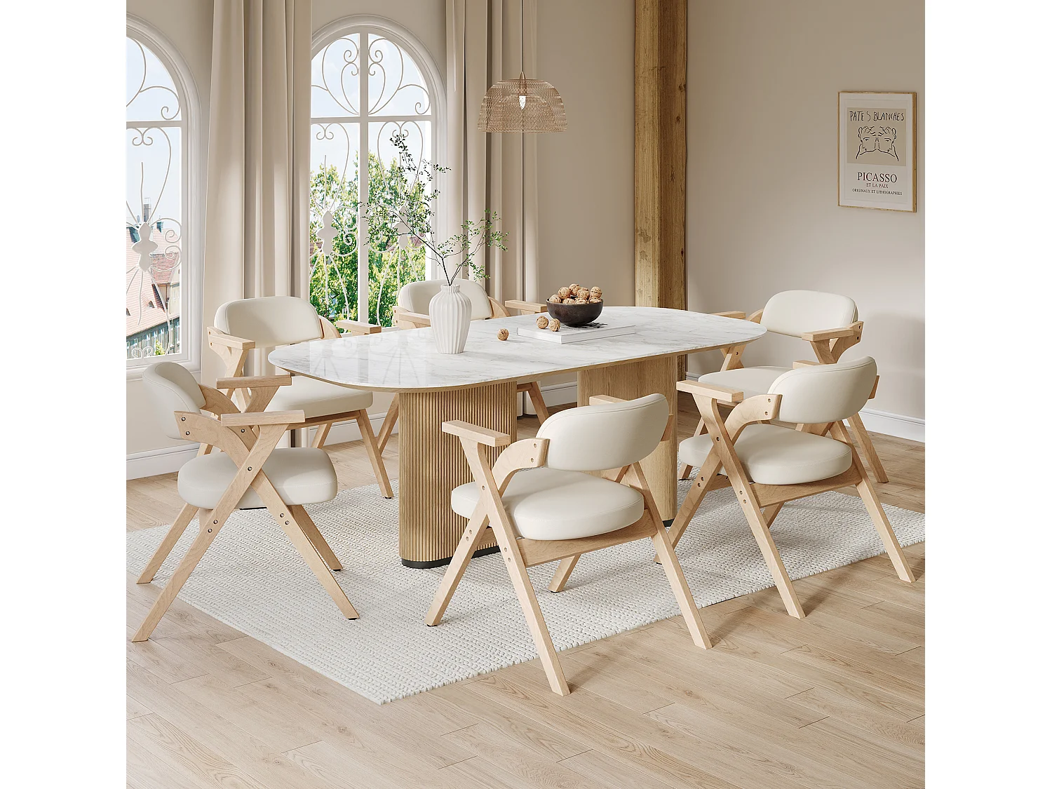 Lot de 6 chaises pliantes en lin beige avec accoudoirs - Naturel clair