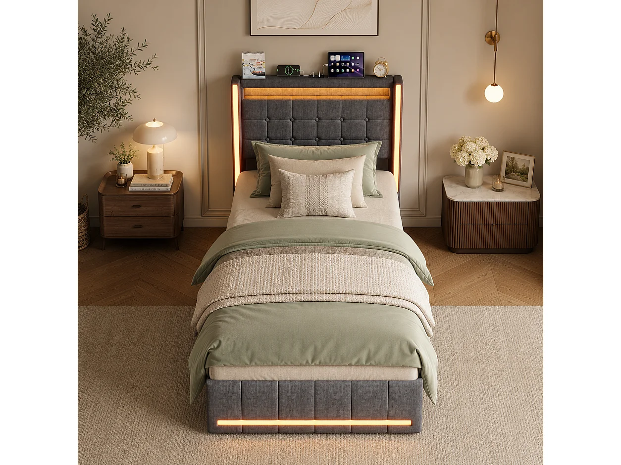 Lit Coffre 90x200cm avec LED, Lit Simple, lit Rembourré Hydraulique avec Ports de recharge USB et Type-C, Lit Capitonné avec sommier à lattes, Gris