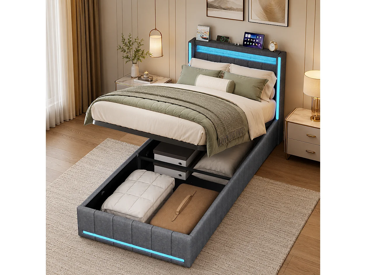 Lit Coffre 90x200cm avec LED, Lit Simple, lit Rembourré Hydraulique avec Ports de recharge USB et Type-C, Lit Capitonné avec sommier à lattes, Gris