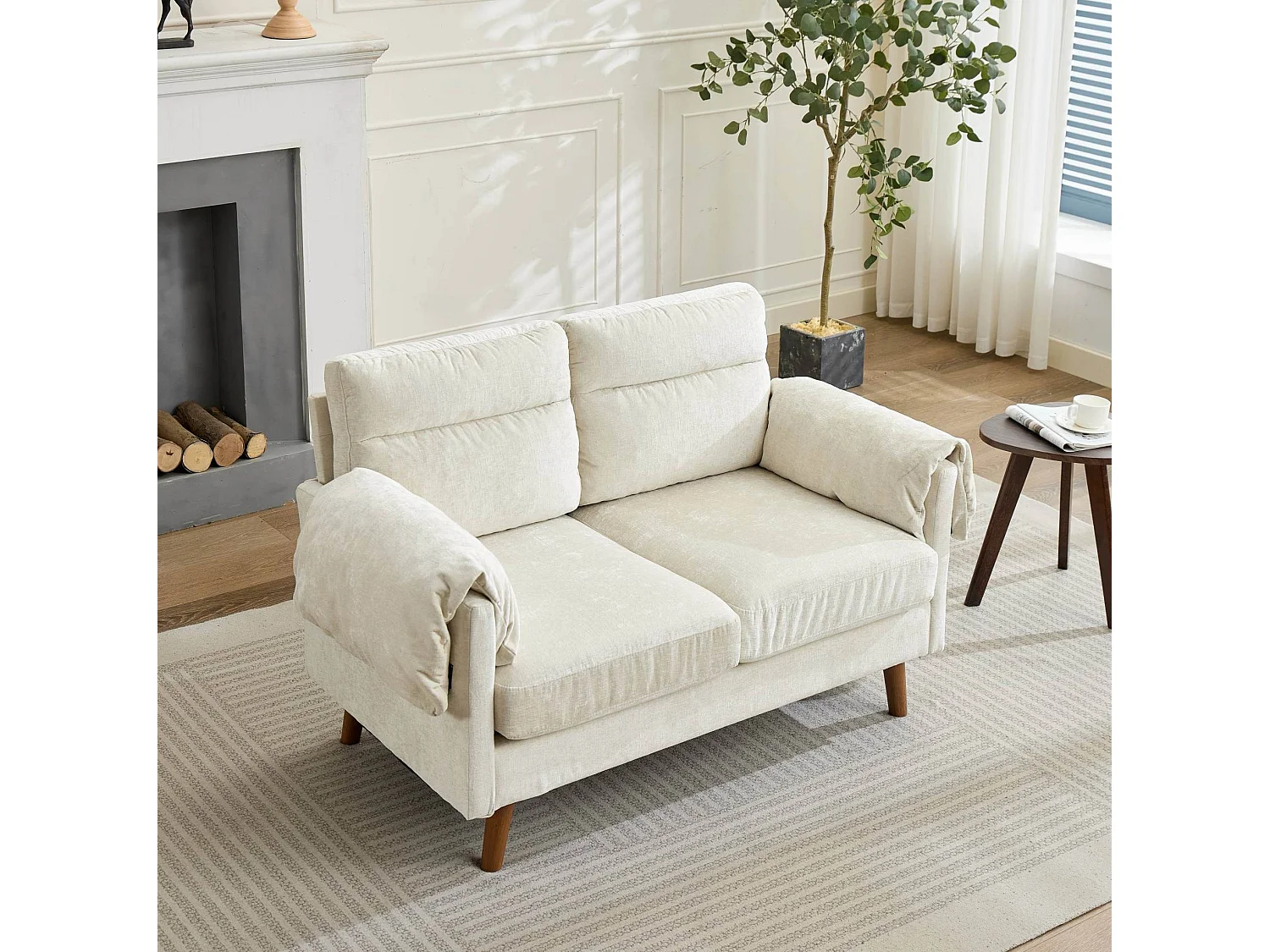 Canapé 2 places en chenille beige - Pieds imitation bois