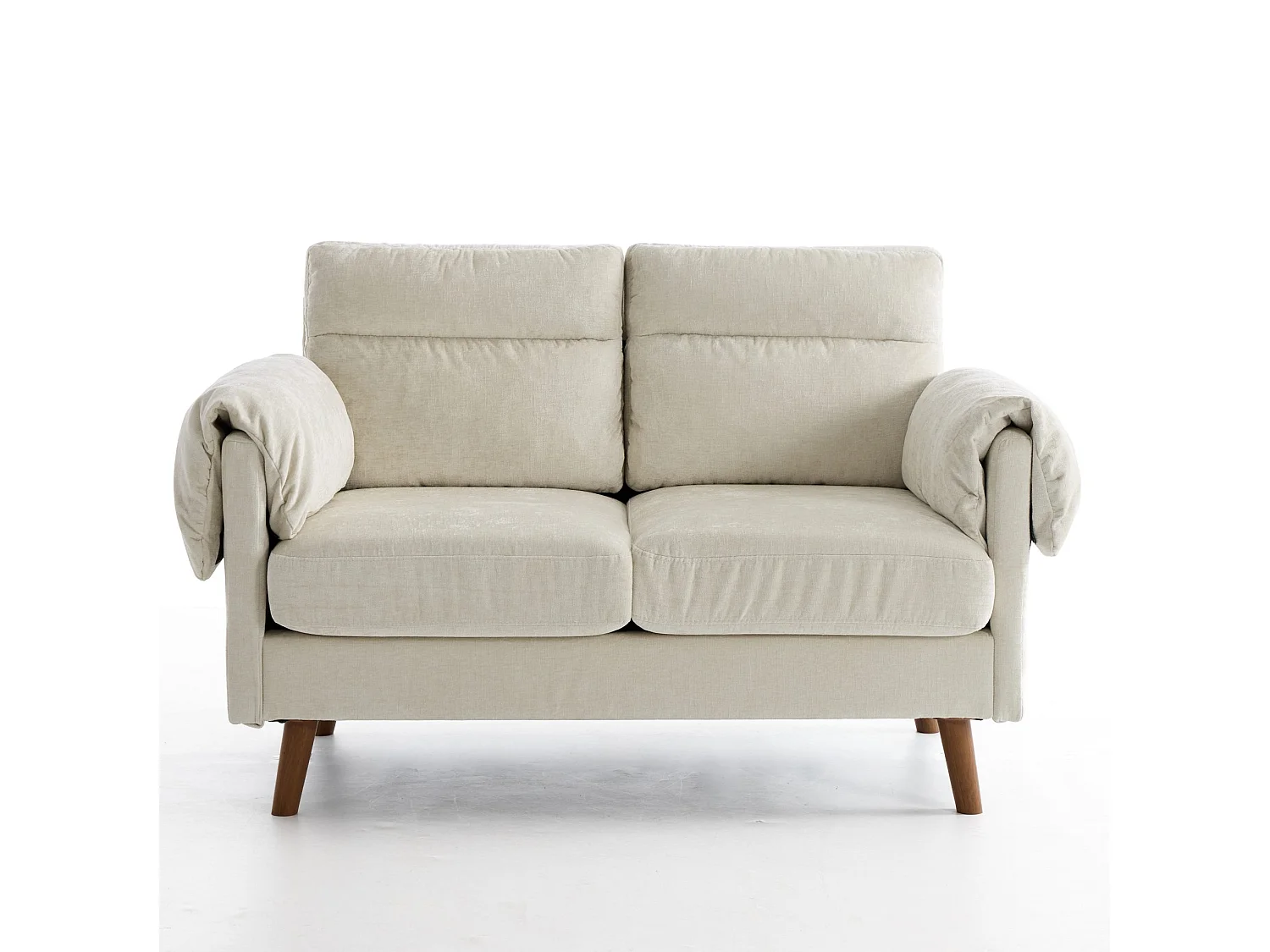 Canapé 2 places en chenille beige - Pieds imitation bois