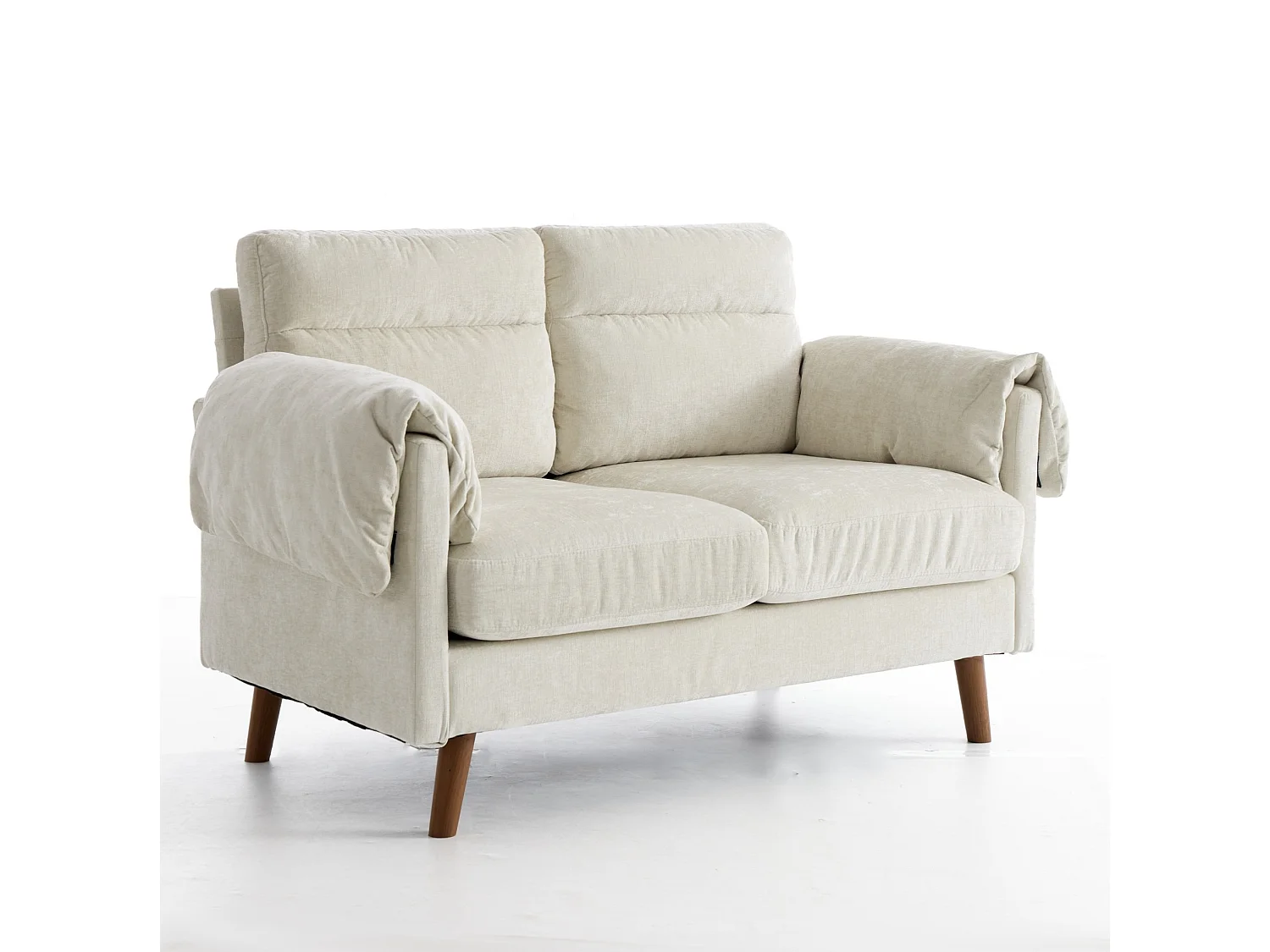 Canapé 2 places en chenille beige - Pieds imitation bois
