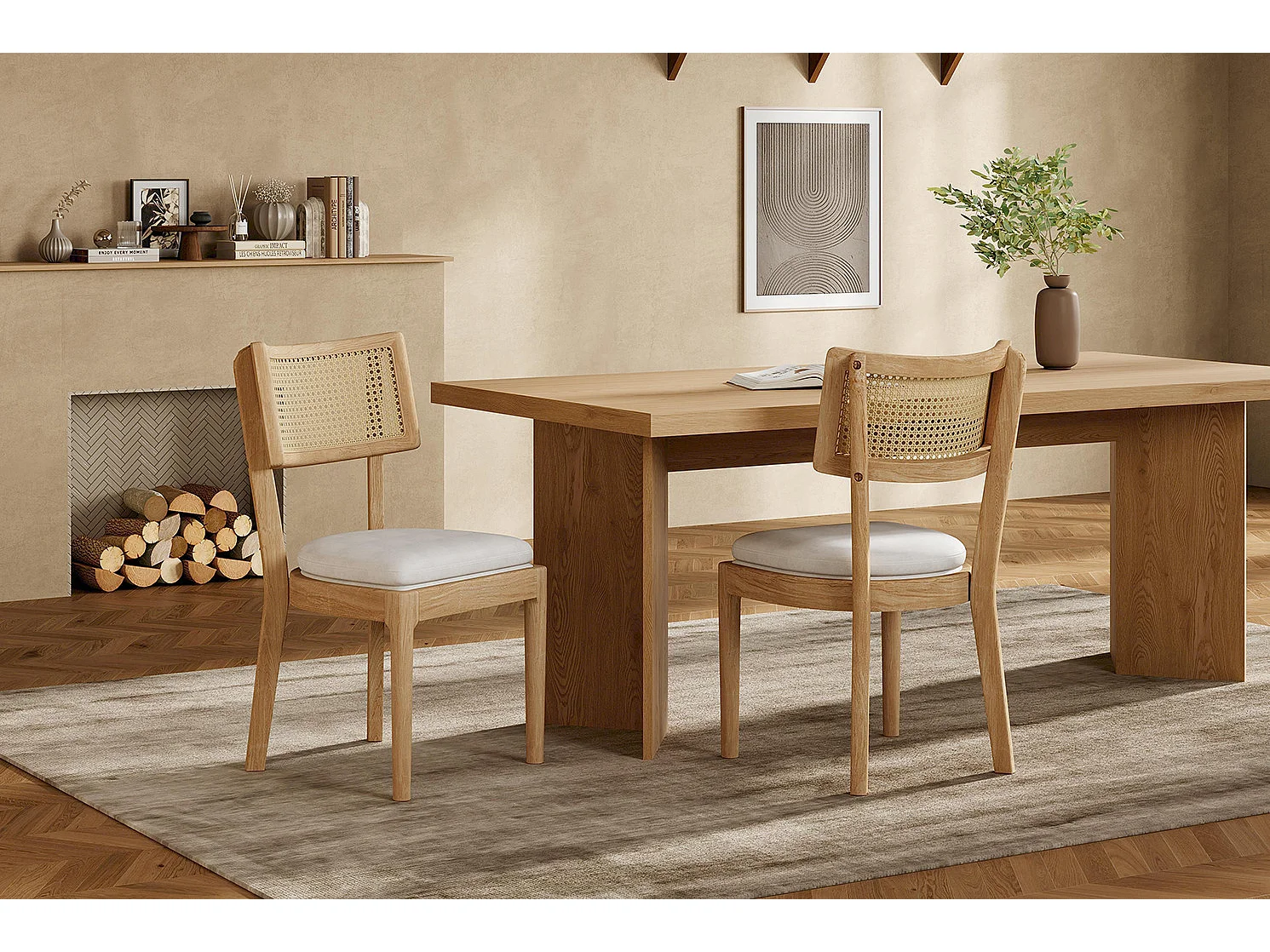 Lot de 2 chaises en bois et lin avec dossier en rotin - Naturel clair