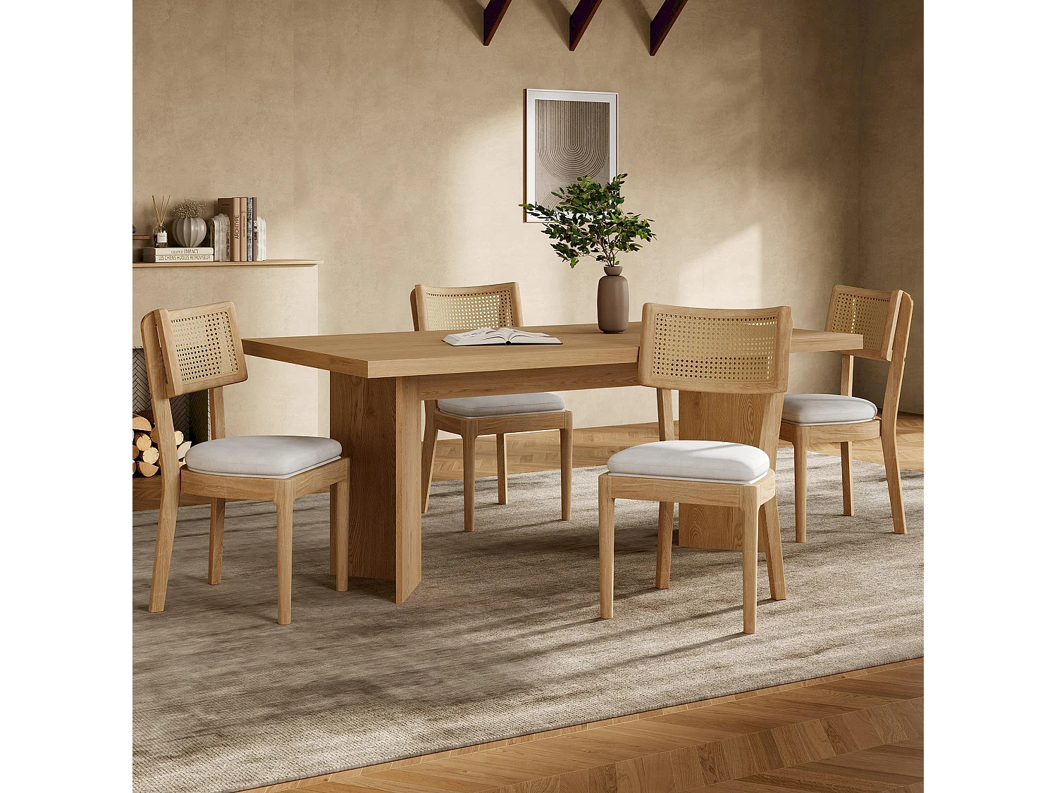 Lot de 2 chaises en bois et lin avec dossier en rotin - Naturel clair