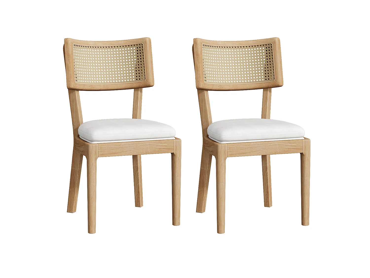 Lot de 2 chaises en bois et lin avec dossier en rotin - Naturel clair