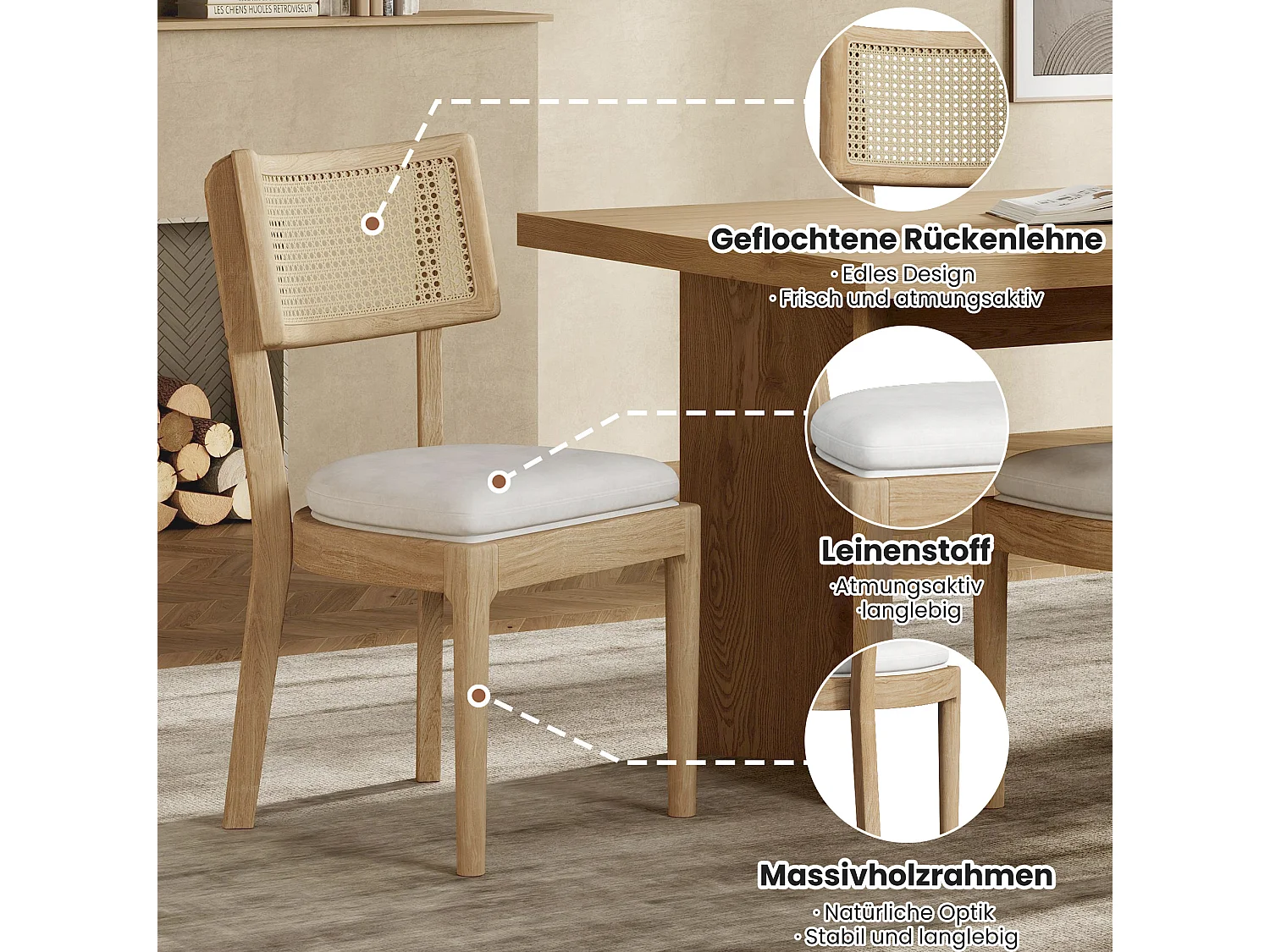 Lot de 2 chaises en bois et lin avec dossier en rotin - Naturel clair