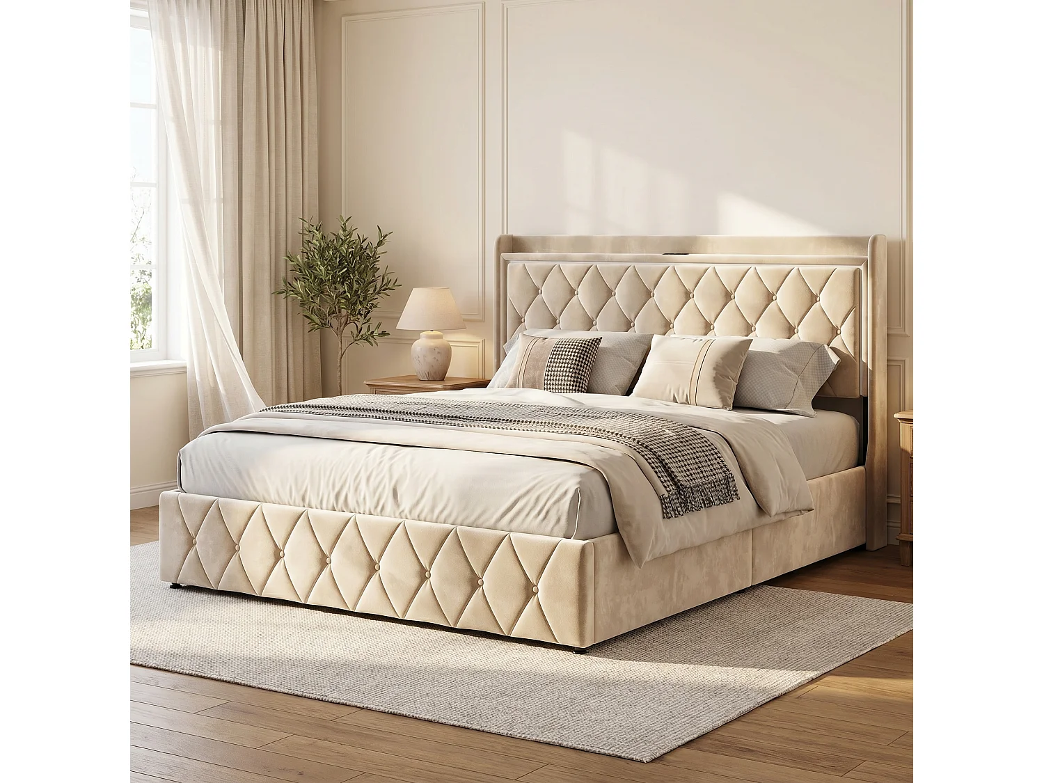Lit Coffre 140x200cm - avec LED et USB - Lit double 140x200 cm avec Sommier à Lattes et Tête de Lit rembourrée - Cadre de Lit Capitonné - Velours Beige