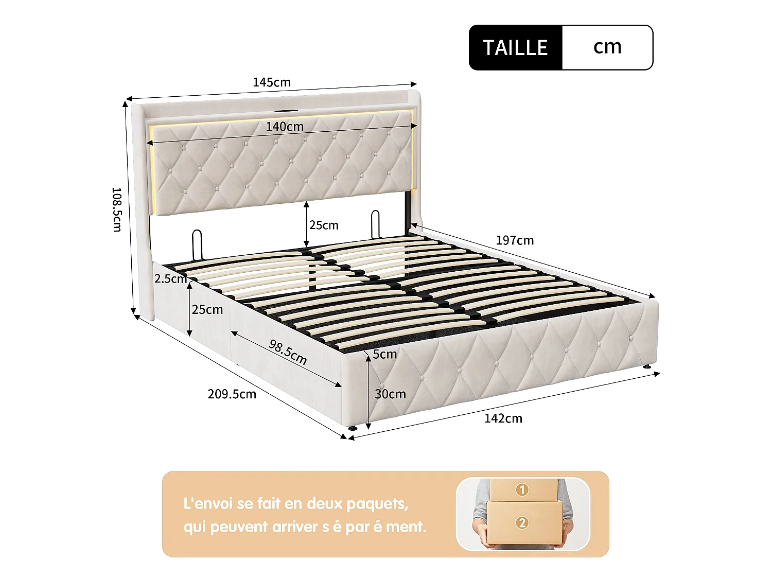 Lit Coffre 140x200cm - avec LED et USB - Lit double 140x200 cm avec Sommier à Lattes et Tête de Lit rembourrée - Cadre de Lit Capitonné - Velours Beige