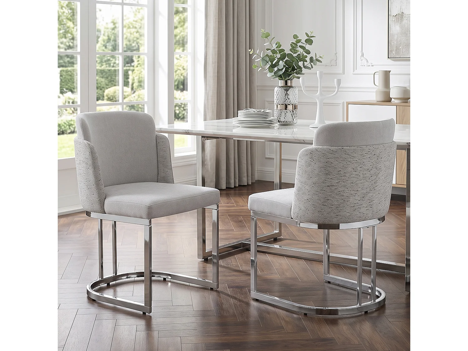 Set van 2 chenille eetkamerstoelen met stalen poten - Lichtgrijs en zilver