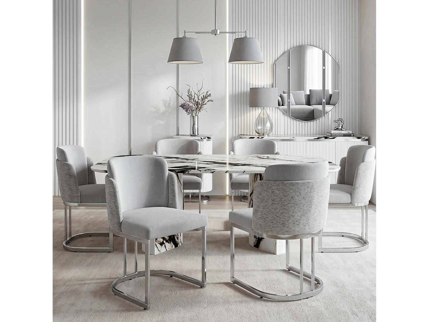 Set van 2 chenille eetkamerstoelen met stalen poten - Lichtgrijs en zilver