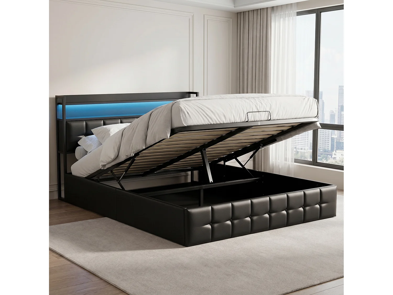 Lit double 160x200 avec rangement - Lit coffre avec LED - tête de lit avec rangement et USB/Type-C - Lit rembourré 160x200 cm avec sommier à lattes - PU noir