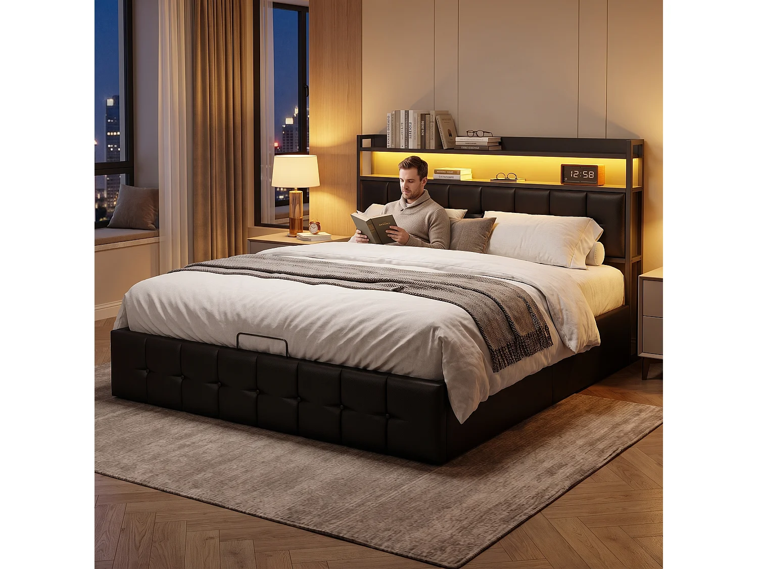 Lit double 160x200 avec rangement - Lit coffre avec LED - tête de lit avec rangement et USB/Type-C - Lit rembourré 160x200 cm avec sommier à lattes - PU noir